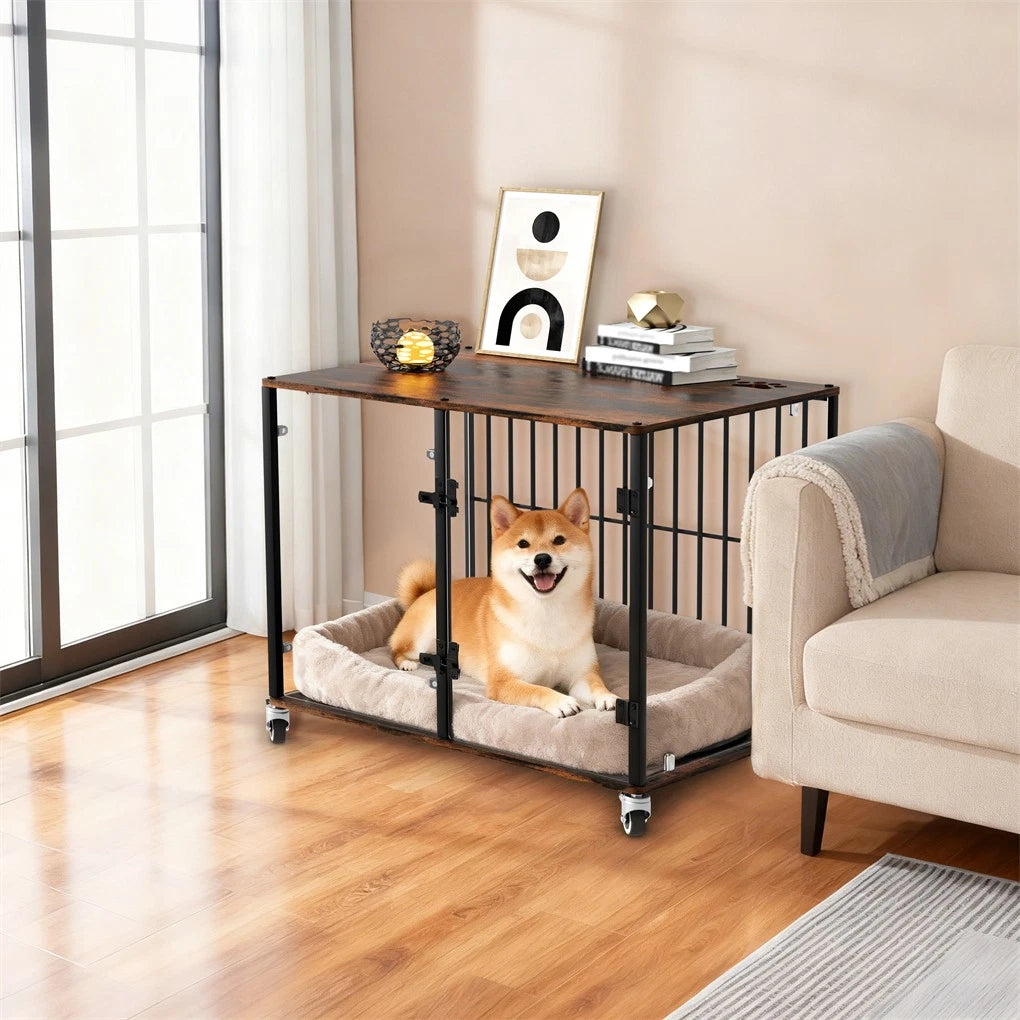 Small Animal Habitats & Cages: Anti-Bite Glass Indoor Dog Cage - Modern Furniture Style Dog Kennel End Table with Lockable Wheels and Double Doors