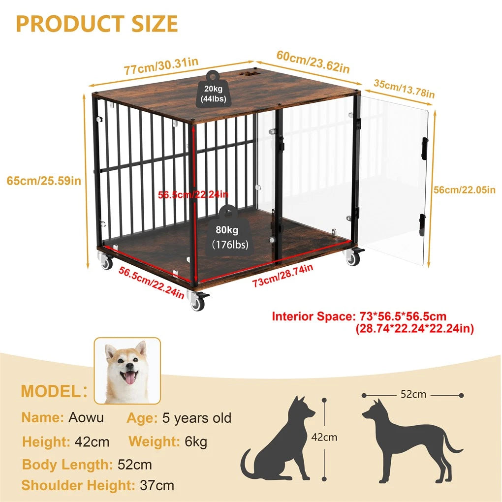Small Animal Habitats & Cages: Anti-Bite Glass Indoor Dog Cage - Modern Furniture Style Dog Kennel End Table with Lockable Wheels and Double Doors