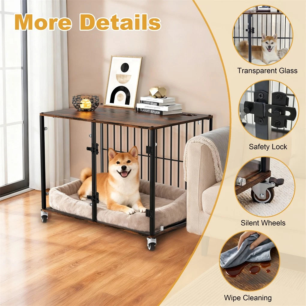 Small Animal Habitats & Cages: Anti-Bite Glass Indoor Dog Cage - Modern Furniture Style Dog Kennel End Table with Lockable Wheels and Double Doors