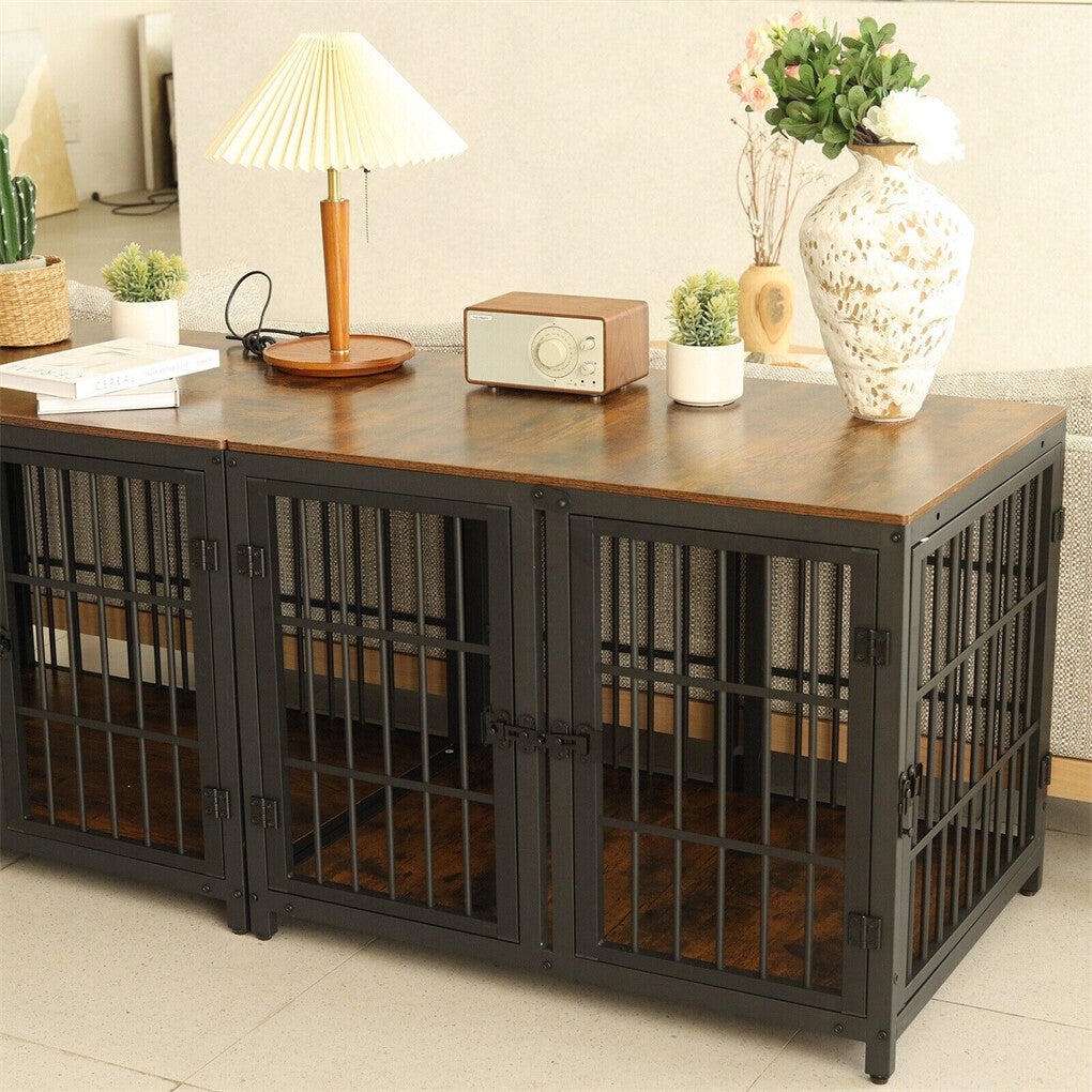 Dog Carriers & Crates: Fin 4 Doors Ultra Thicken Dog Crate Cage End Table Divided Dog Puppy Kennel F/ 2 Dog