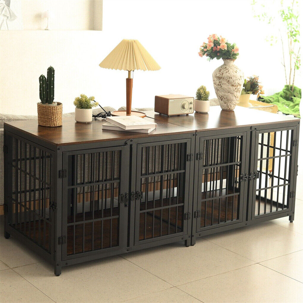Dog Carriers & Crates: Indestructible Wooden Dog Crate Furniture With Divider For 2 Dogs Cage End Table