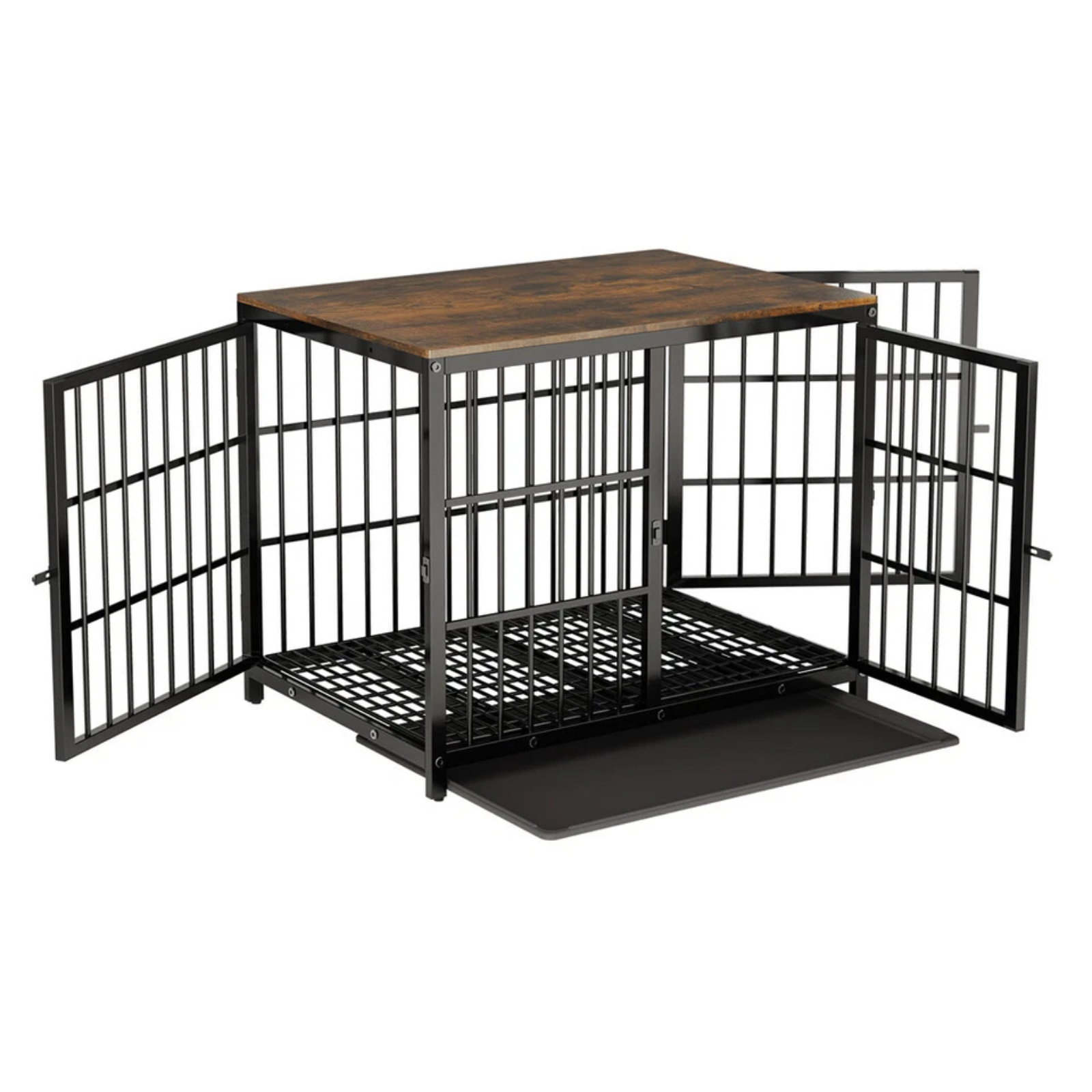 Dog Carriers & Crates: P&P Black Walnut Wooden Dog Crate with 3 Access Doors, Removable Tray and Stylish End Table
