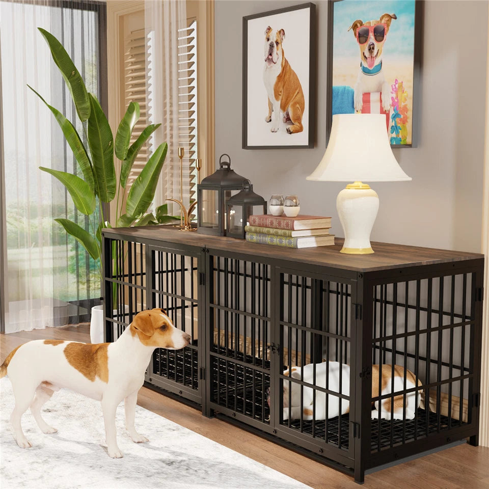 P&P Black Walnut XL Dog Crate with Wooden Furniture Style, 3-Door Entry and Slide Out Tray
