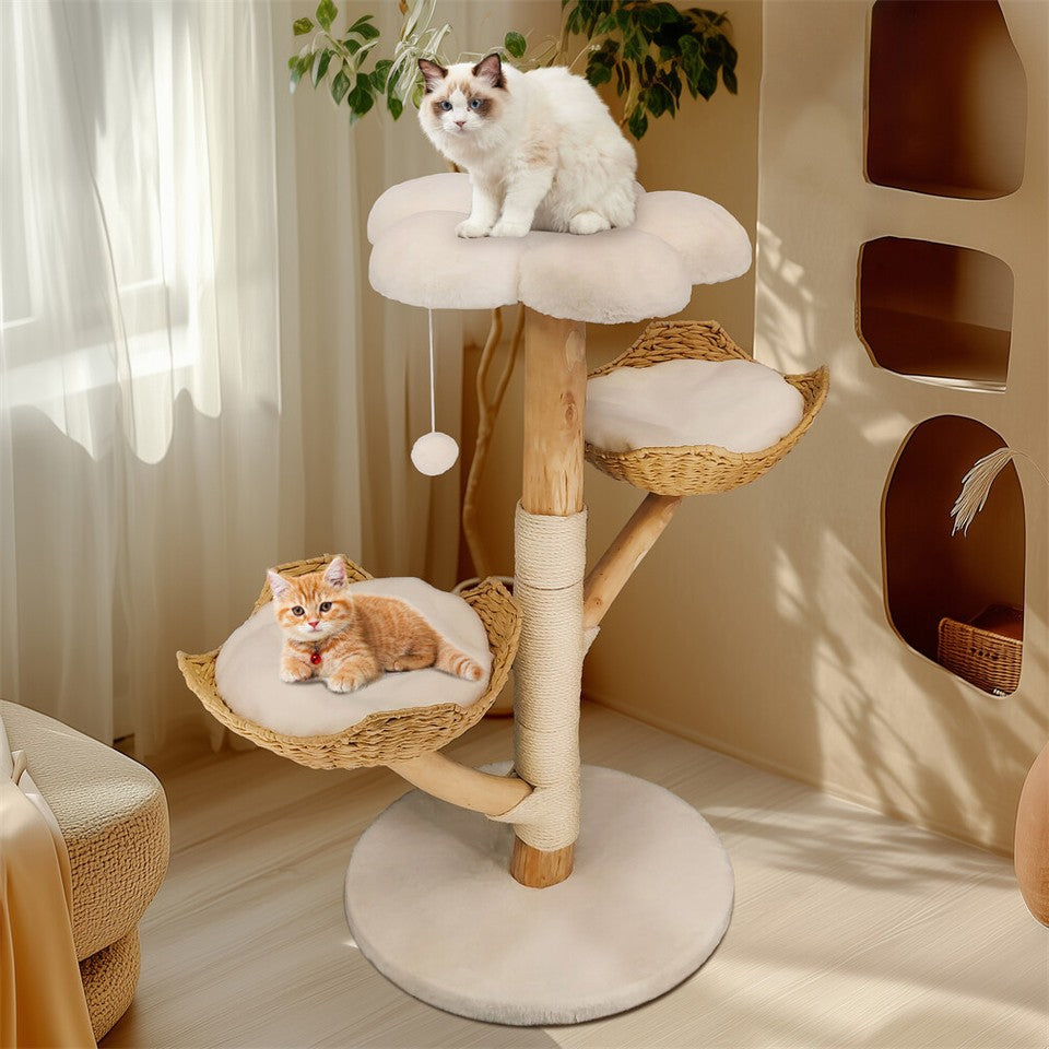 Pet Medical Collars: Solid Wood Cat Tree with 3 Branches & Baskets