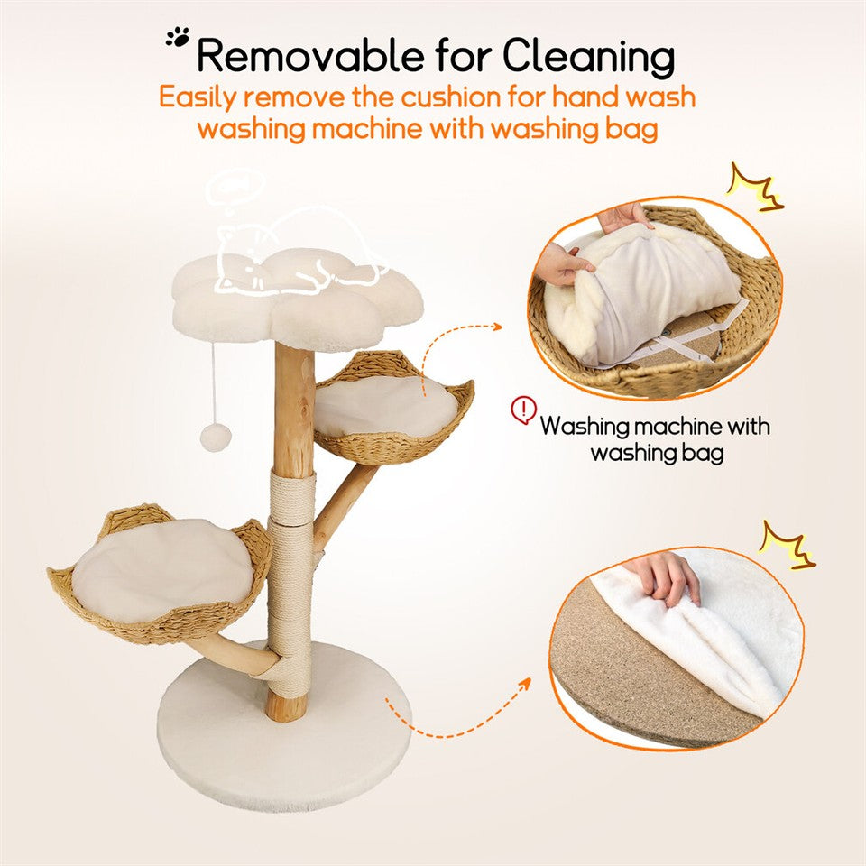 Pet Medical Collars: Solid Wood Cat Tree with 3 Branches & Baskets