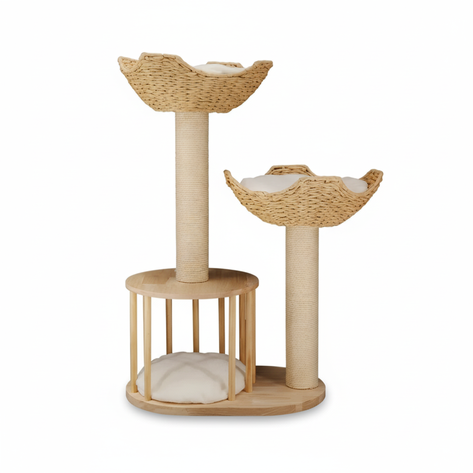 Cat Scratching Posts: P&P Natural Wood White 3-Tier Cat Tower with Scratching Post, Condo and Plush Baskets