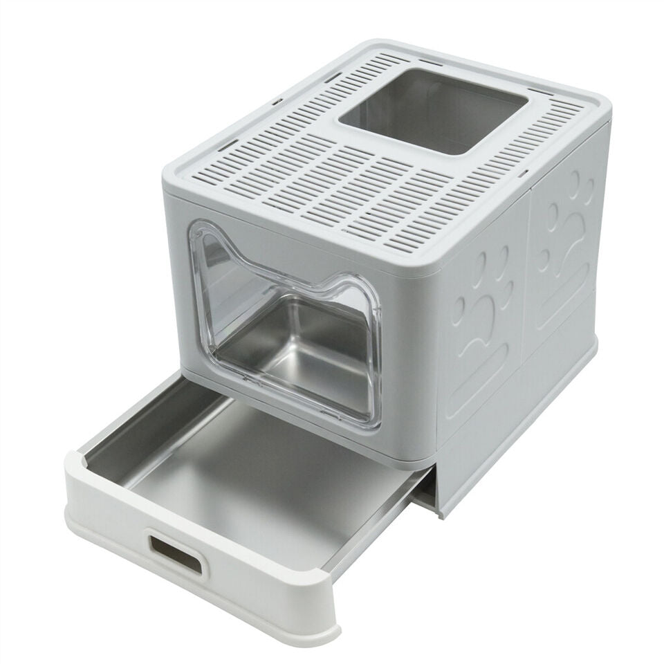 Cat Litter: Stainless Steel Enclosed Cat Litter Box Top Exit Pet Toilet Box w/ Litter Scoop