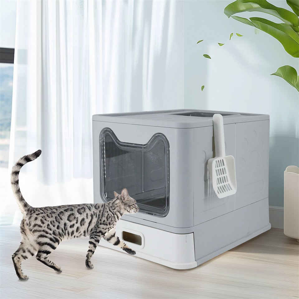 Cat Litter: Stainless Steel Enclosed Cat Litter Box Top Exit Pet Toilet Box w/ Litter Scoop