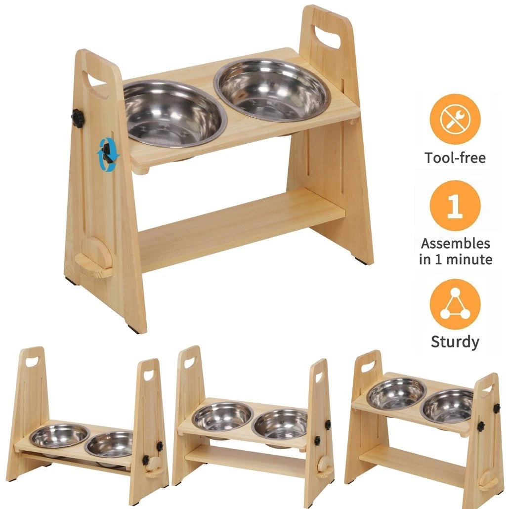 Dog Bowls, Feeders & Waterers: Wooden Elevated Dog Food Bowl with 2 Stainless Steel Bowls Adjustable Pet Feeding Station for Dogs and Cats