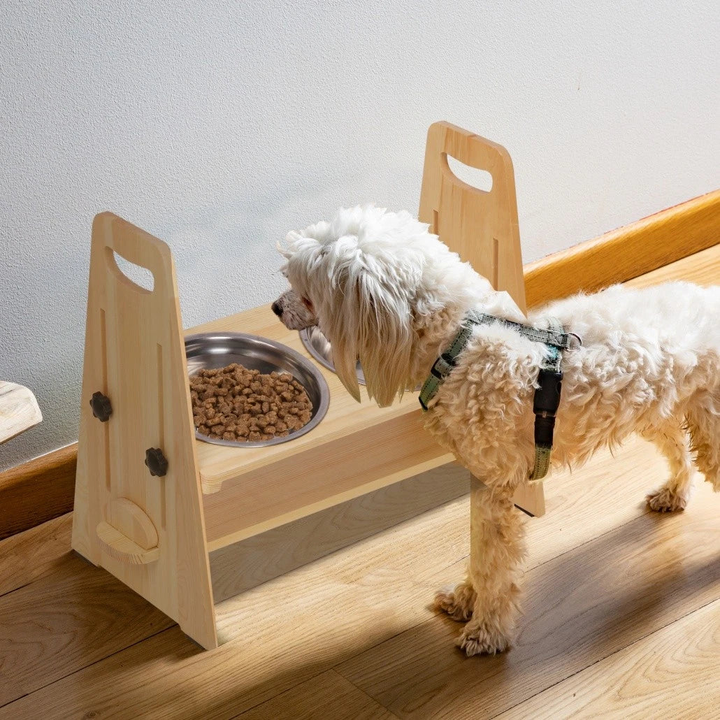 Dog Bowls, Feeders & Waterers: Wooden Elevated Dog Food Bowl with 2 Stainless Steel Bowls Adjustable Pet Feeding Station for Dogs and Cats