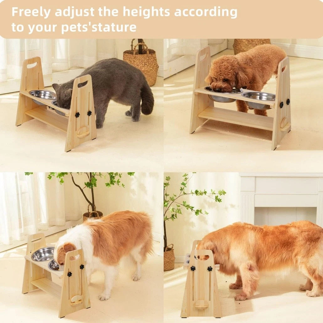 Dog Bowls, Feeders & Waterers: Wooden Elevated Dog Food Bowl with 2 Stainless Steel Bowls Adjustable Pet Feeding Station for Dogs and Cats