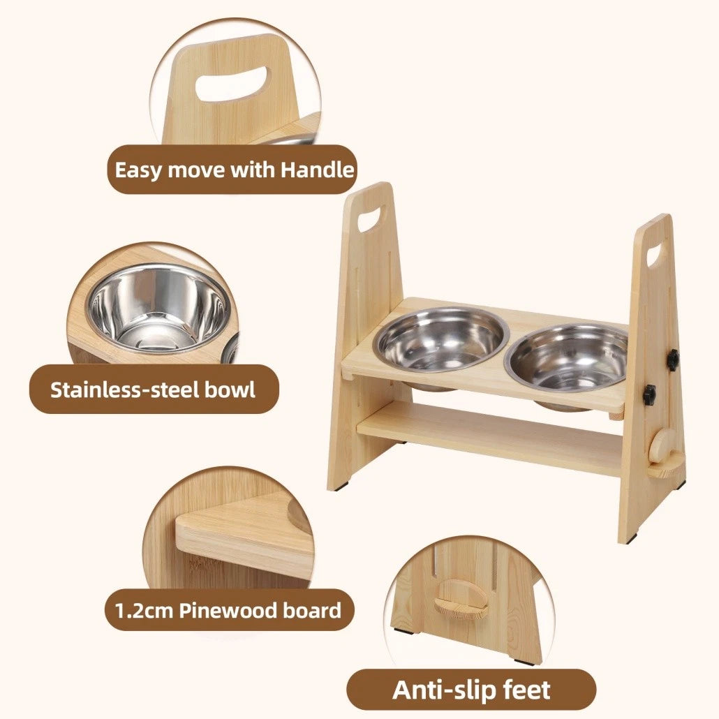 Dog Bowls, Feeders & Waterers: Wooden Elevated Dog Food Bowl with 2 Stainless Steel Bowls Adjustable Pet Feeding Station for Dogs and Cats