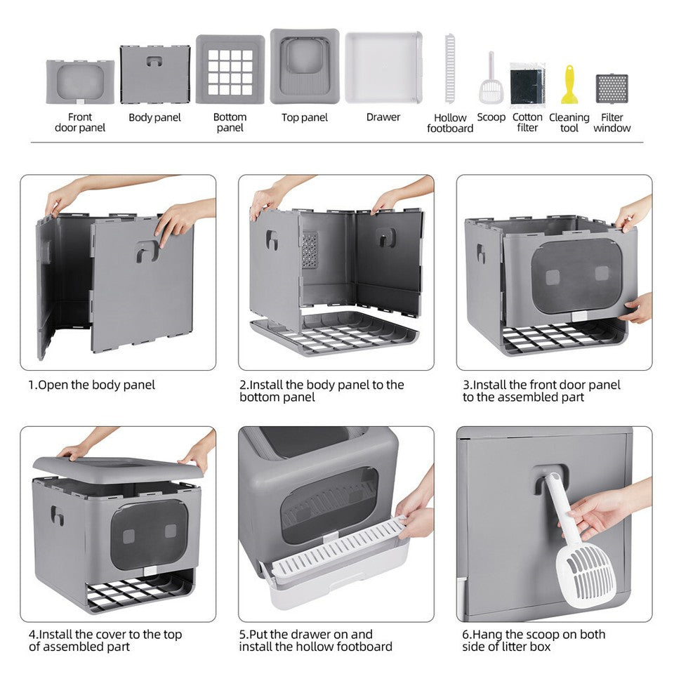 Cat Litter: Foldable Fully Enclosed Hooded Cat Litter Box Self-Cleaning Kitty Toilet w Tray
