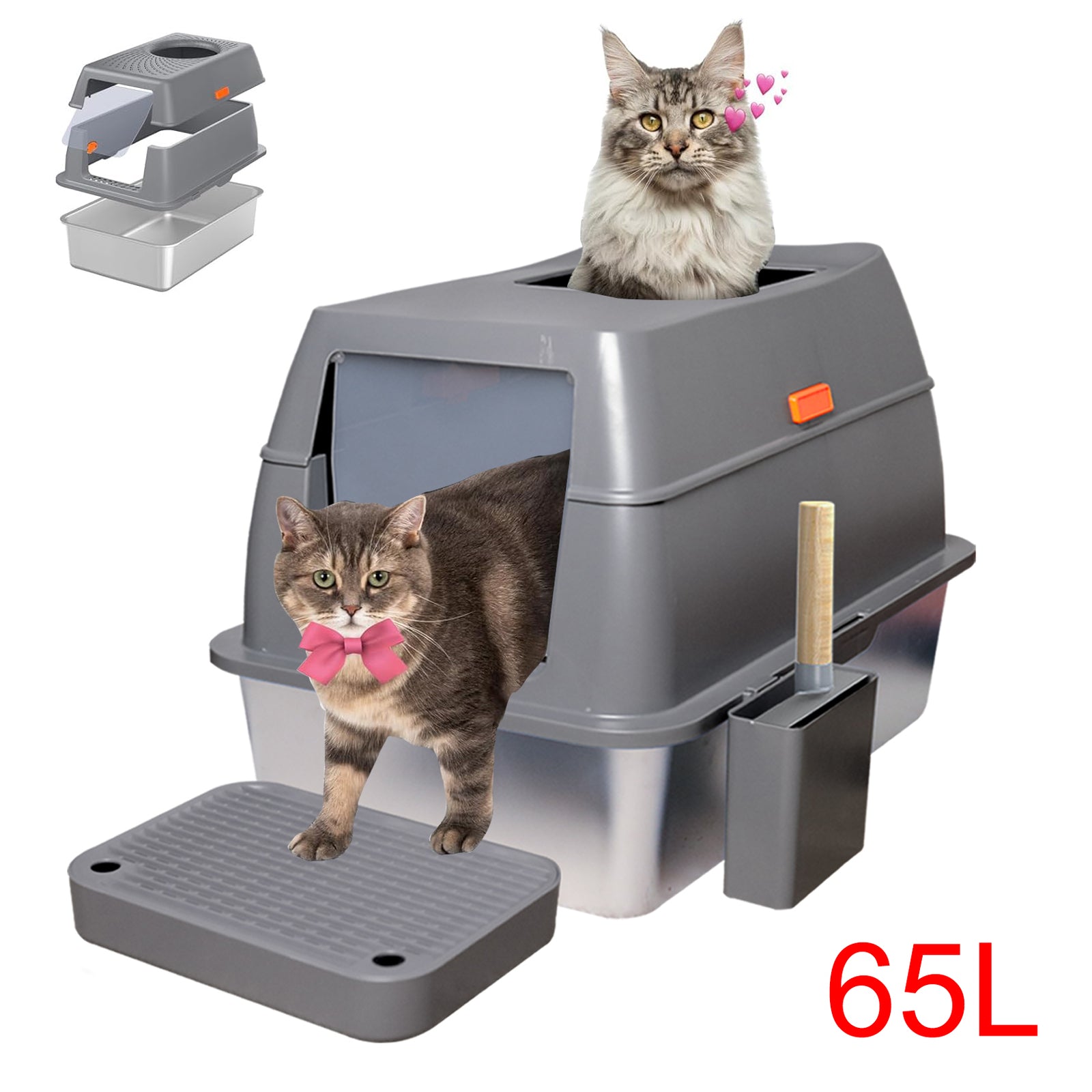 Cat Litter: 65L Big Cat Stainless Steel Litter Box With Lid High Wall With Triple Pedal Gray