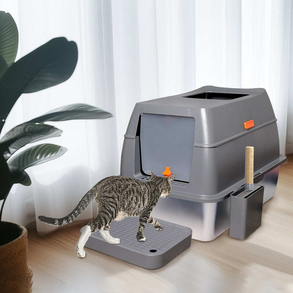 Cat Litter: 65L Big Cat Stainless Steel Litter Box With Lid High Wall With Triple Pedal Gray