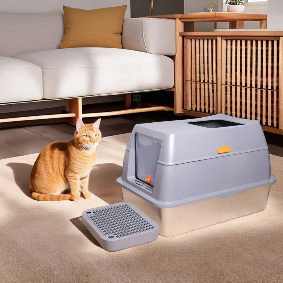 Cat Litter: 65L Big Cat Stainless Steel Litter Box With Lid High Wall With Triple Pedal Gray