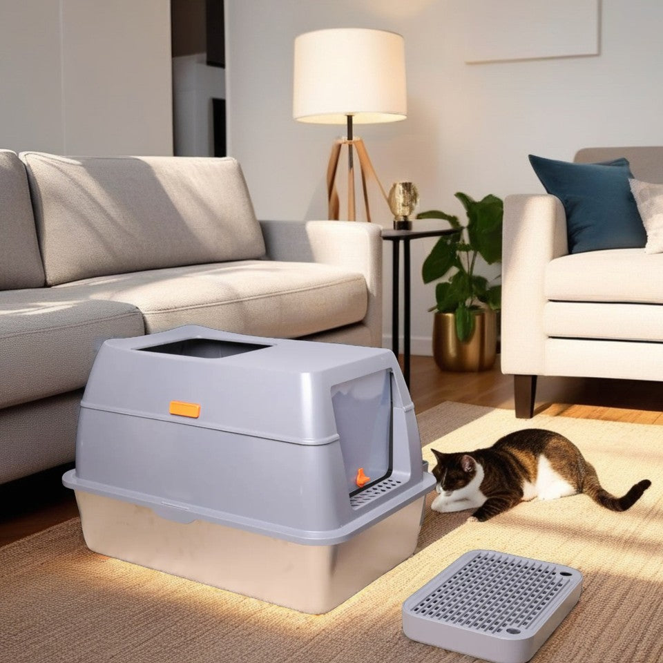 Cat Litter: 65L Big Cat Stainless Steel Litter Box With Lid High Wall With Triple Pedal Gray