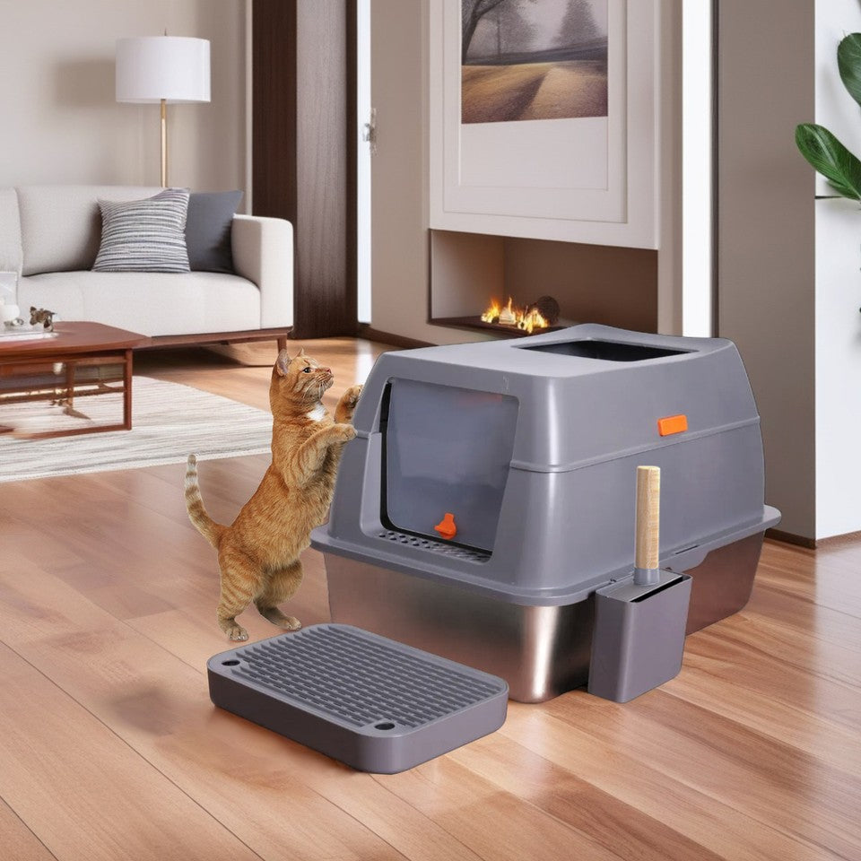 Cat Litter: 65L Big Cat Stainless Steel Litter Box With Lid High Wall With Triple Pedal Gray