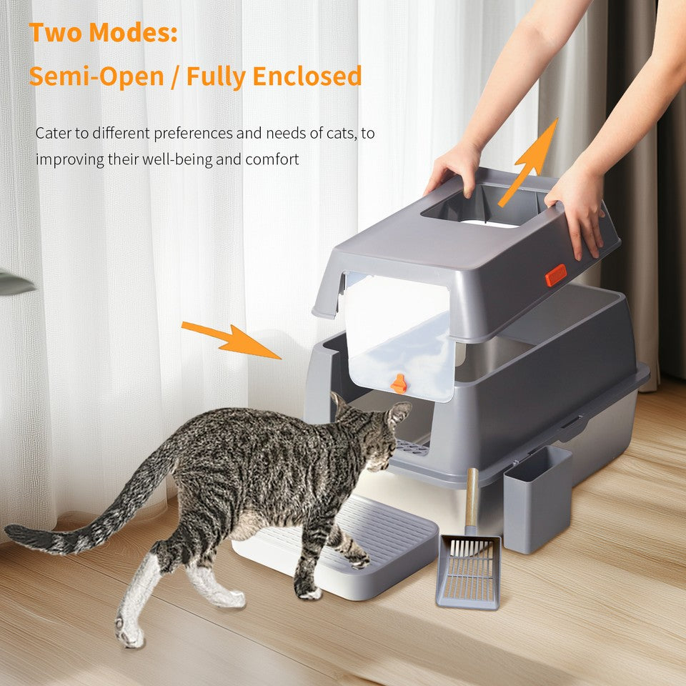 Cat Litter: 65L Big Cat Stainless Steel Litter Box With Lid High Wall With Triple Pedal Gray