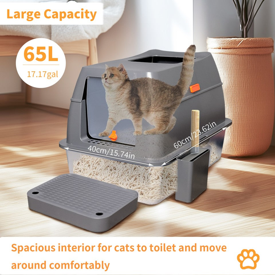 Cat Litter: 65L Big Cat Stainless Steel Litter Box With Lid High Wall With Triple Pedal Gray