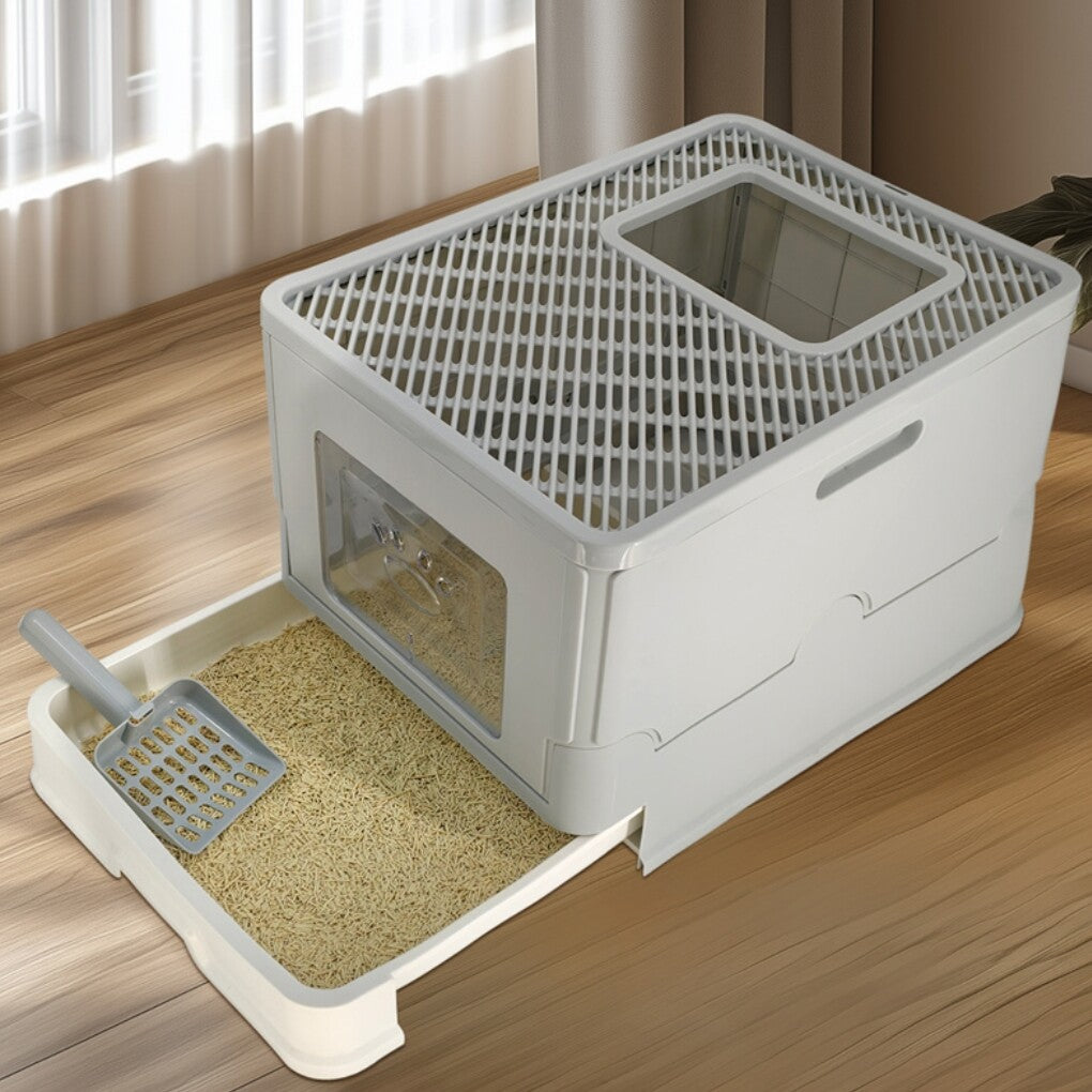 Cat Litter: Large Enclosed Cat Litter Box Foldable Cat Kitten Toilet Box with Slide-Out Tray