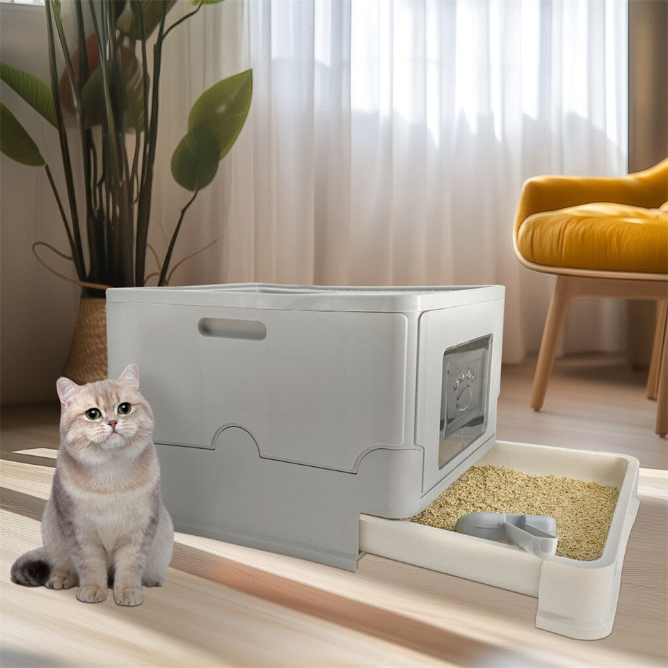 Cat Litter: Large Enclosed Cat Litter Box Foldable Cat Kitten Toilet Box with Slide-Out Tray