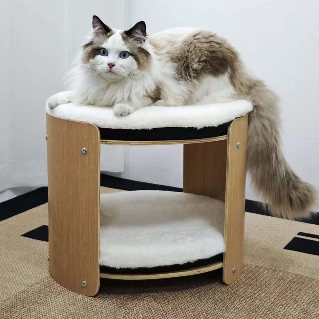 Cat Carriers & Crates: Natural Wood Cat Bunk Bed with Cushioned Two Tiers for Stylish Pet Comfort