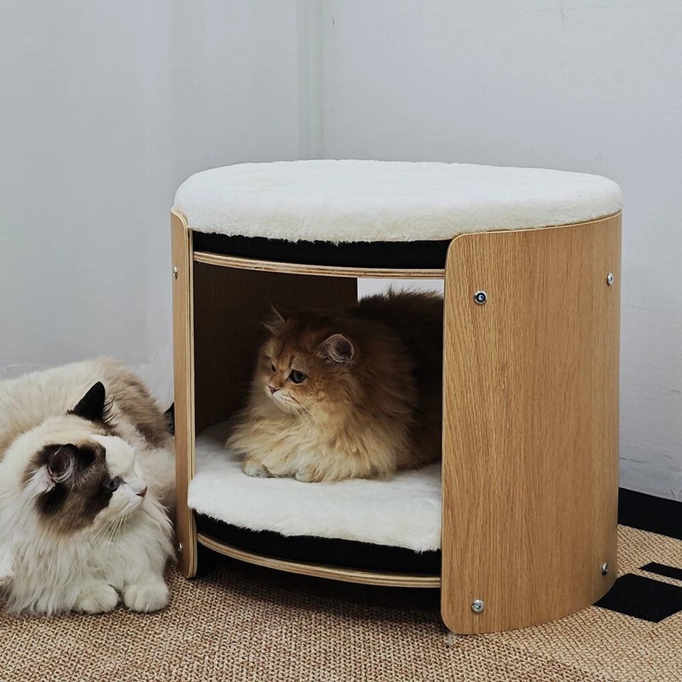 Cat Carriers & Crates: Natural Wood Cat Bunk Bed with Cushioned Two Tiers for Stylish Pet Comfort