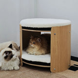 Cat Carriers & Crates: Natural Wood Cat Bunk Bed with Cushioned Two Tiers for Stylish Pet Comfort