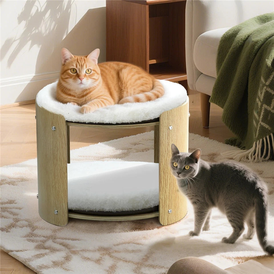 Cat Carriers & Crates: Natural Wood Cat Bunk Bed with Cushioned Two Tiers for Stylish Pet Comfort