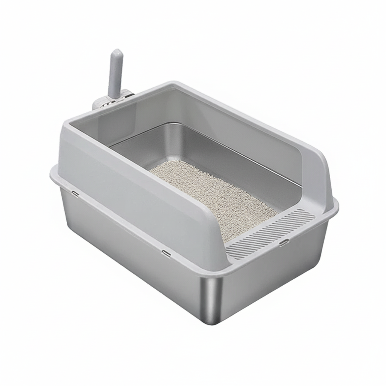 Cat Litter: P&P Grey Silver Stainless Steel Cat Litter Box with High Sides, Open Top and Scoop