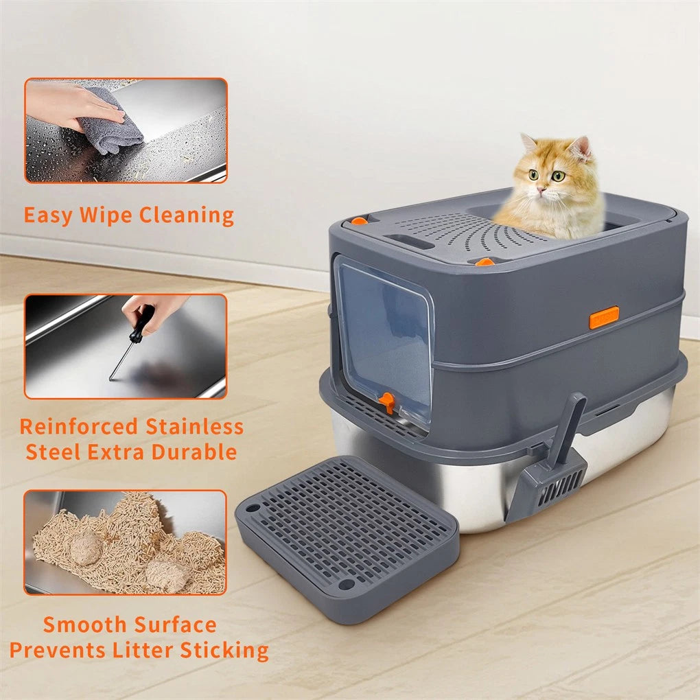 Cat Litter: P&P Jumbo Stainless Steel Cat Litter Box for Multi-Cats Large Toilet Box with Removable Lid