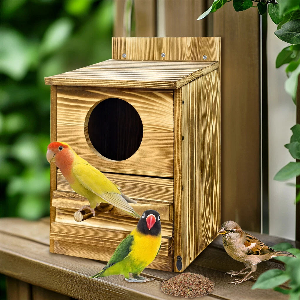 Bird Cage Accessories: Large Wooden Screech Owl House Nesting Box with Perch - Outdoor Birdhouse for Garden Trees