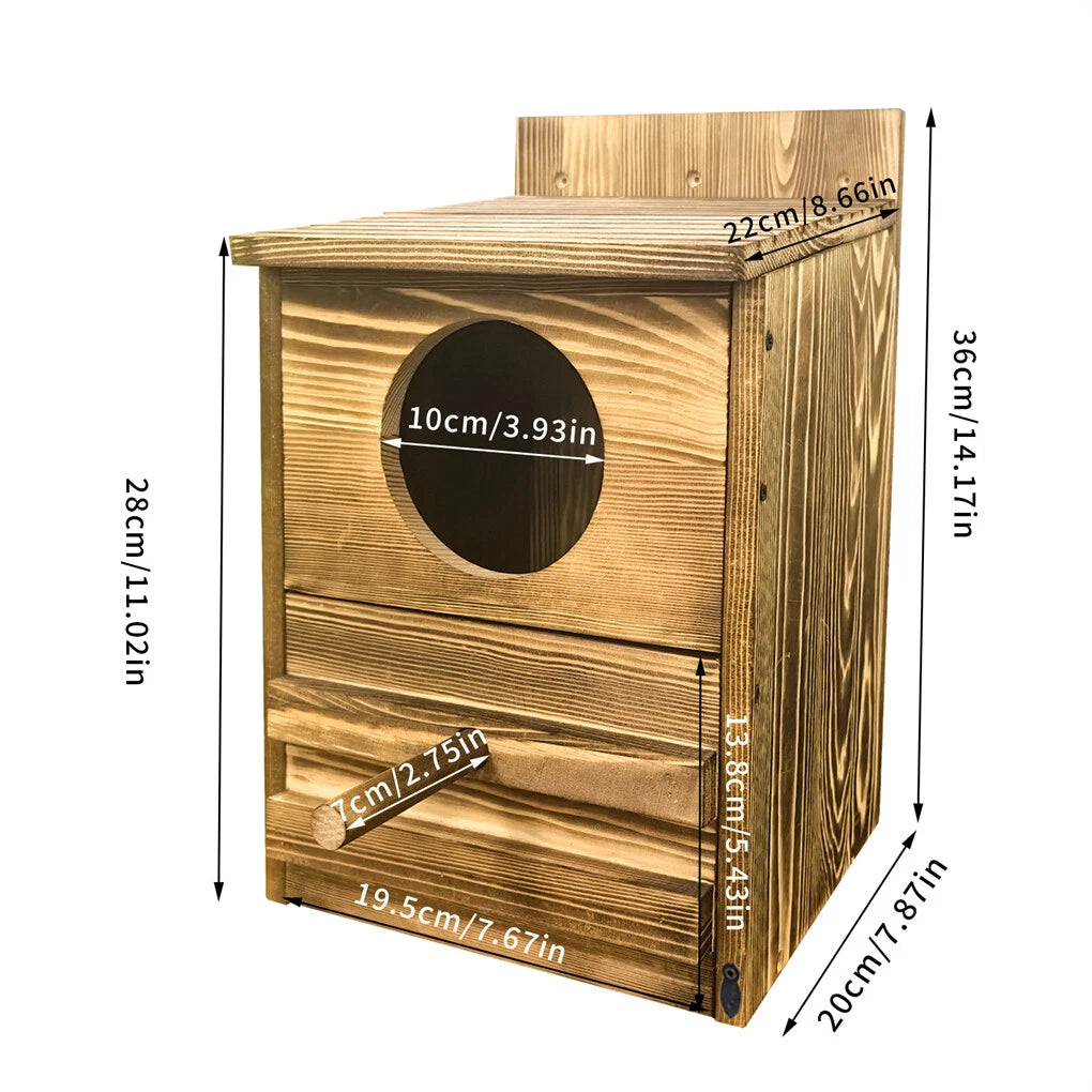 Bird Cage Accessories: Large Wooden Screech Owl House Nesting Box with Perch - Outdoor Birdhouse for Garden Trees