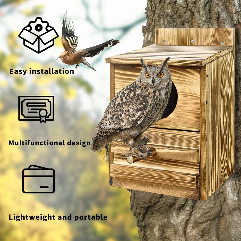 Bird Cage Accessories: Large Wooden Screech Owl House Nesting Box with Perch - Outdoor Birdhouse for Garden Trees