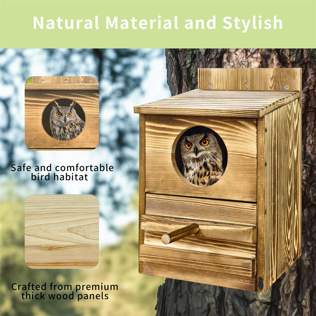 Bird Cage Accessories: Large Wooden Screech Owl House Nesting Box with Perch - Outdoor Birdhouse for Garden Trees