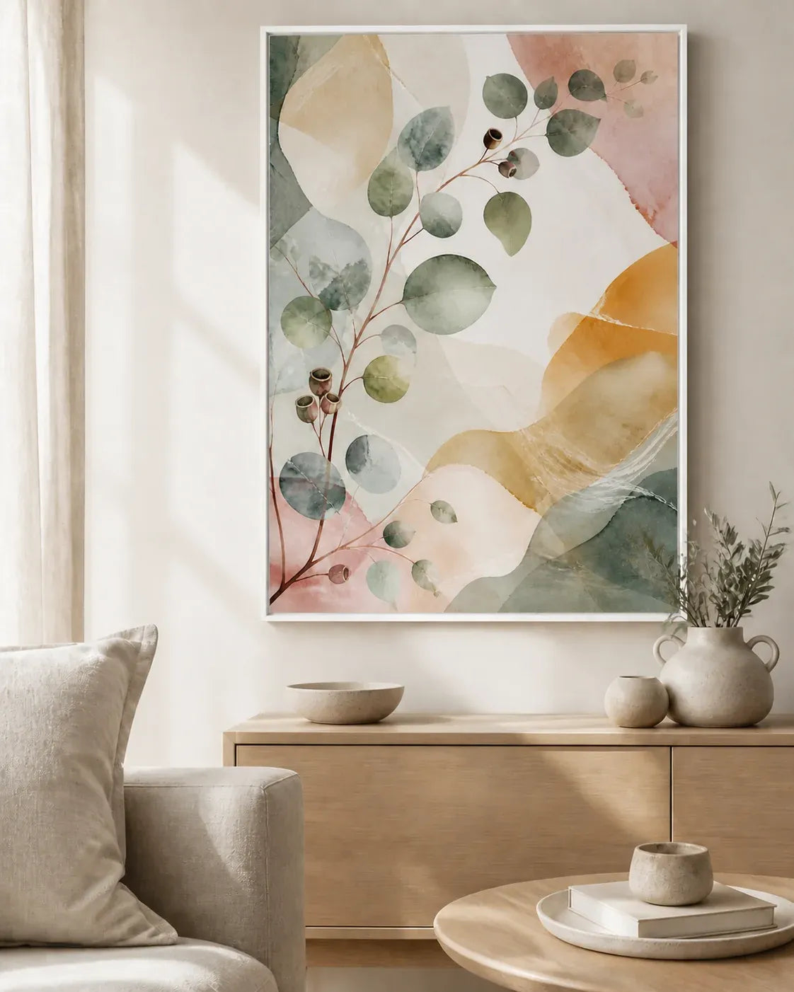 Eucalyptus Reverie Floating Frame Canvas Wall Art - Portrait - 40W x 50H cm - White