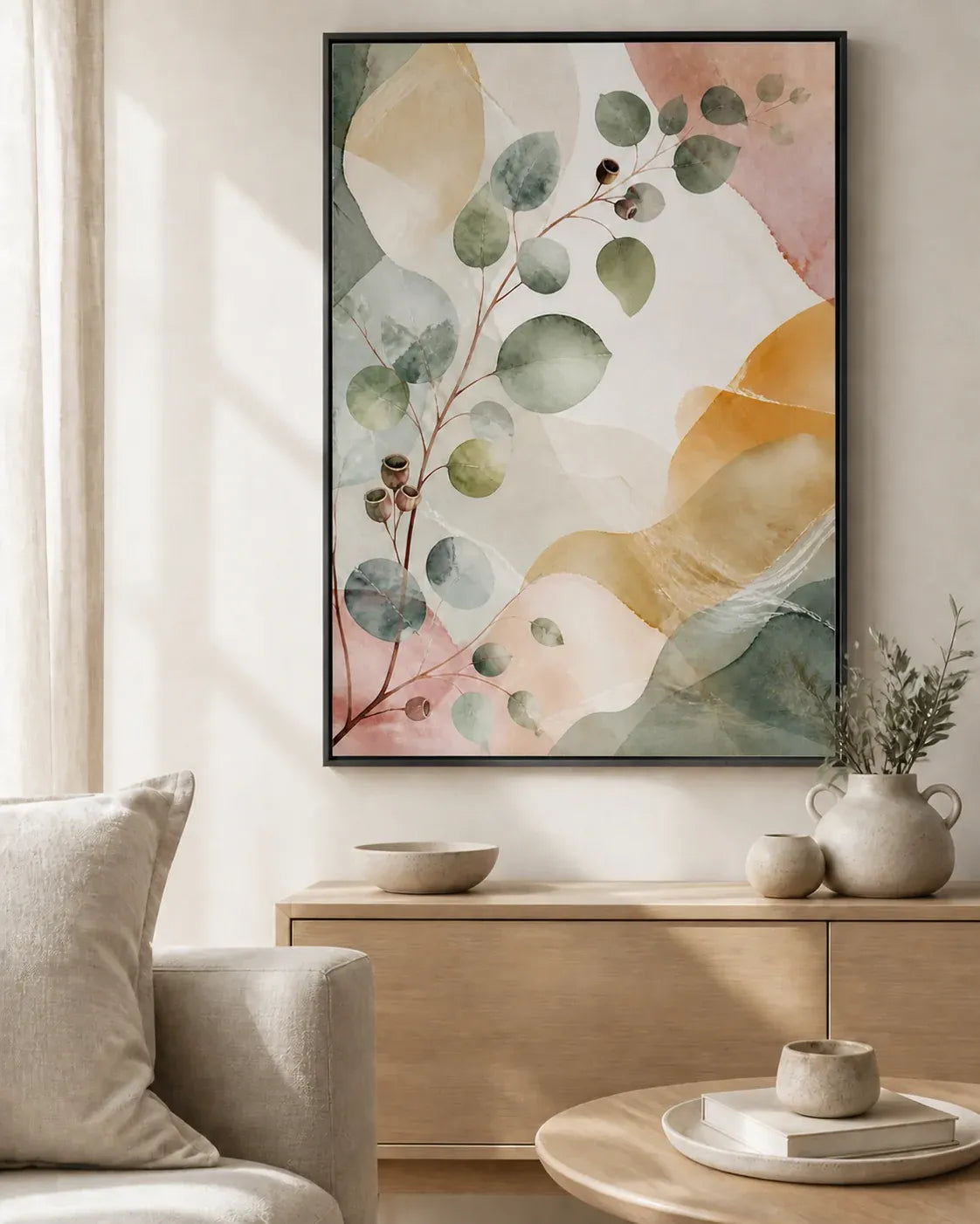Eucalyptus Reverie Floating Frame Canvas Wall Art - Portrait - 60W x 80H cm - White