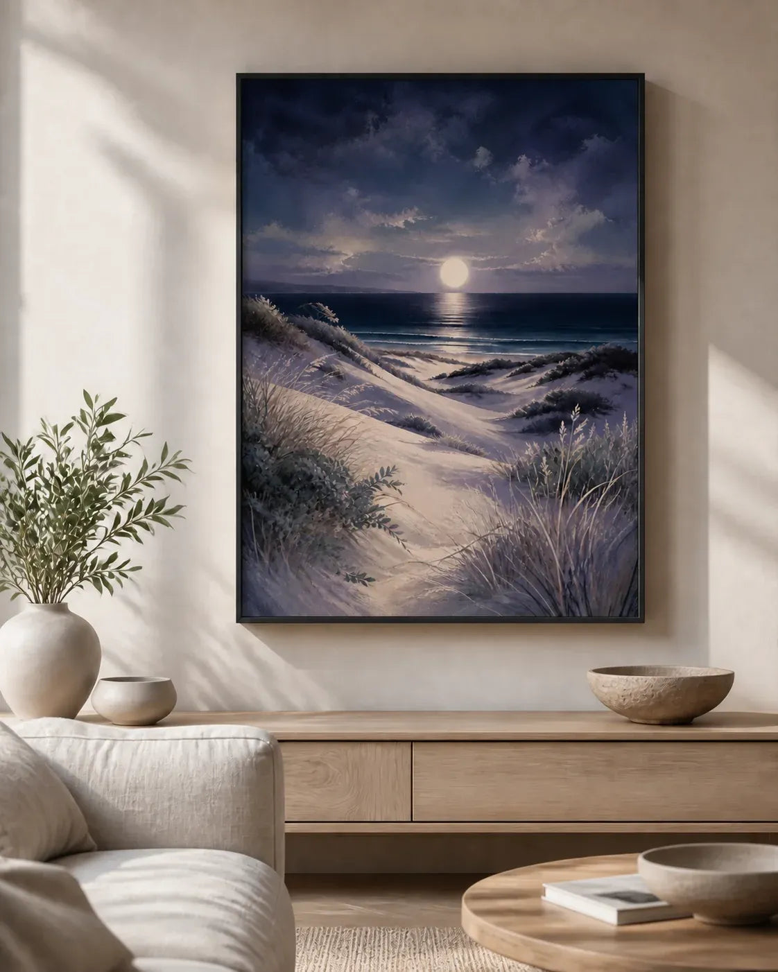 Moonlit Dunes Floating Frame Canvas Wall Art - Portrait - 40W x 50H cm - Natural Birch