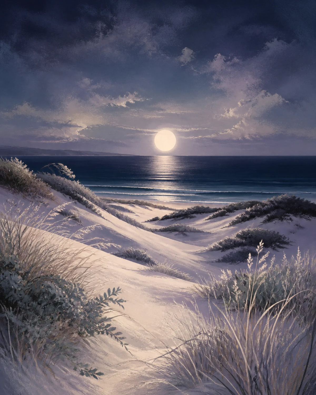 Moonlit Dunes Floating Frame Canvas Wall Art - Portrait - 40W x 50H cm - White