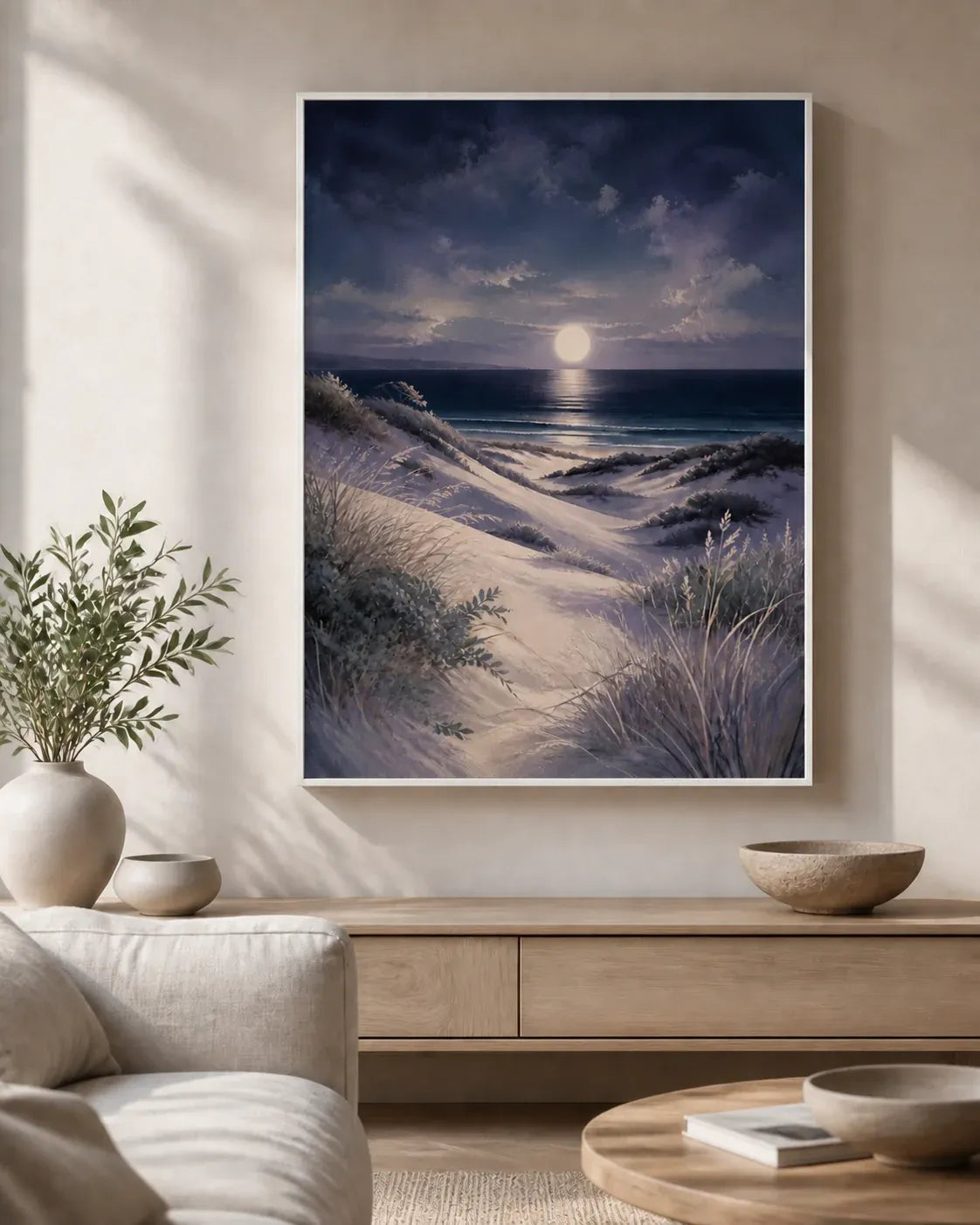 Moonlit Dunes Floating Frame Canvas Wall Art - Portrait - 60W x 80H cm - Black