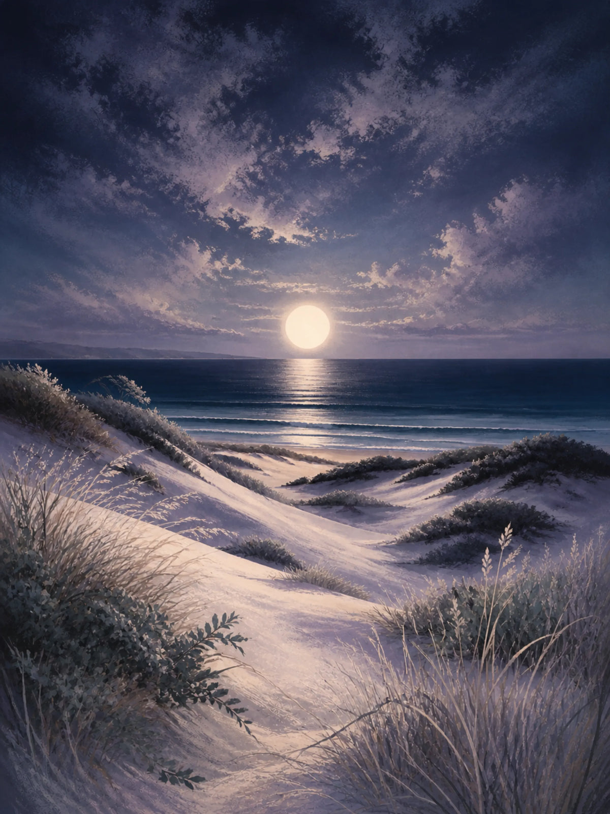 Moonlit Dunes Floating Frame Canvas Wall Art - Portrait - 60W x 80H cm - Black