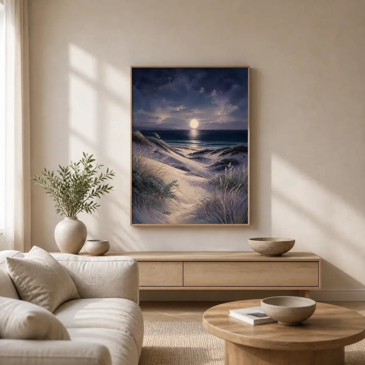Moonlit Dunes Floating Frame Canvas Wall Art - Portrait - 60W x 80H cm - White