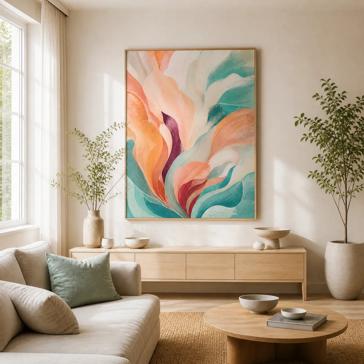 Tidal Bloom Floating Frame Canvas Wall Art - Portrait - 40W x 50H cm - Natural Birch