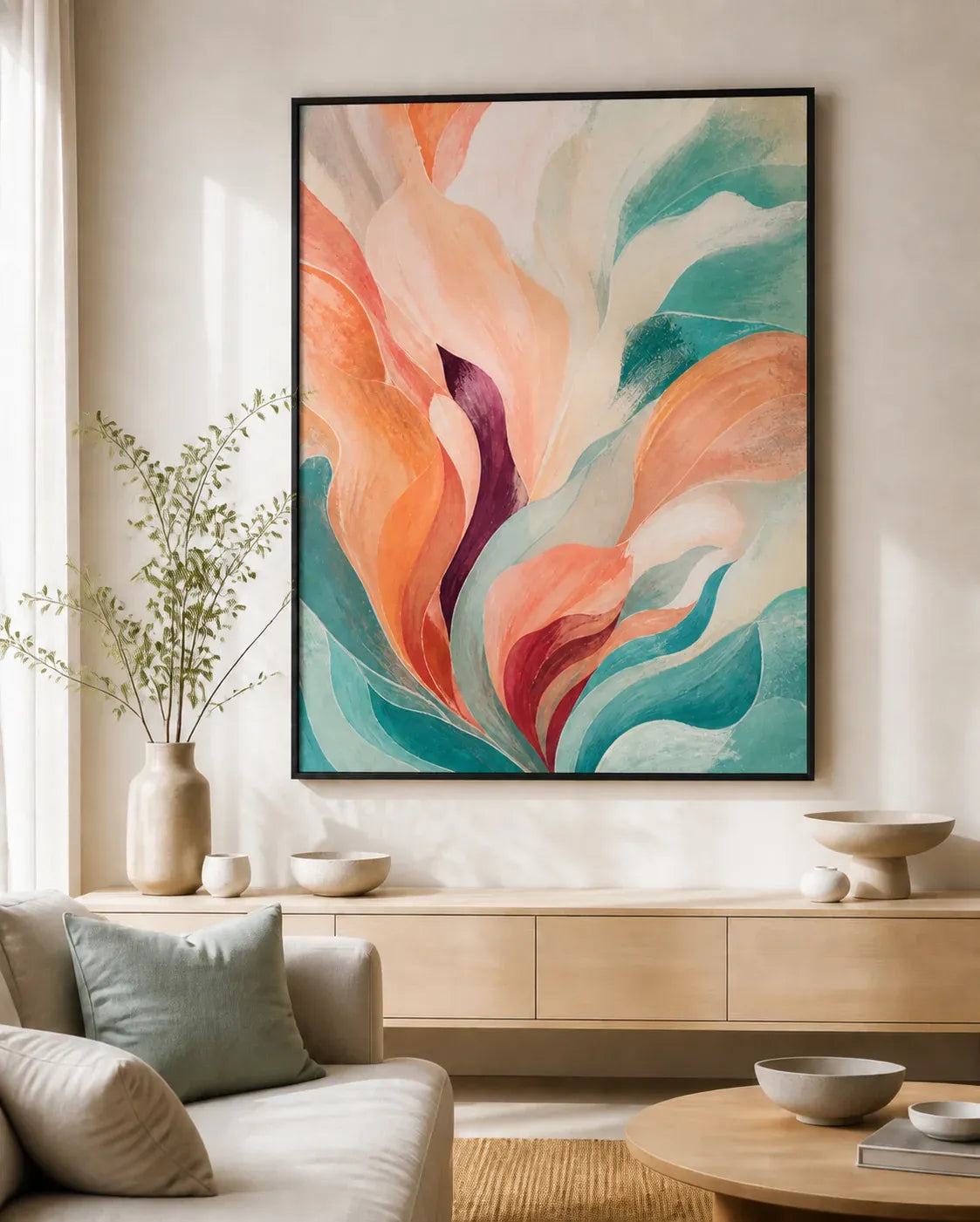 Tidal Bloom Floating Frame Canvas Wall Art - Portrait - 60W x 80H cm - Natural Birch