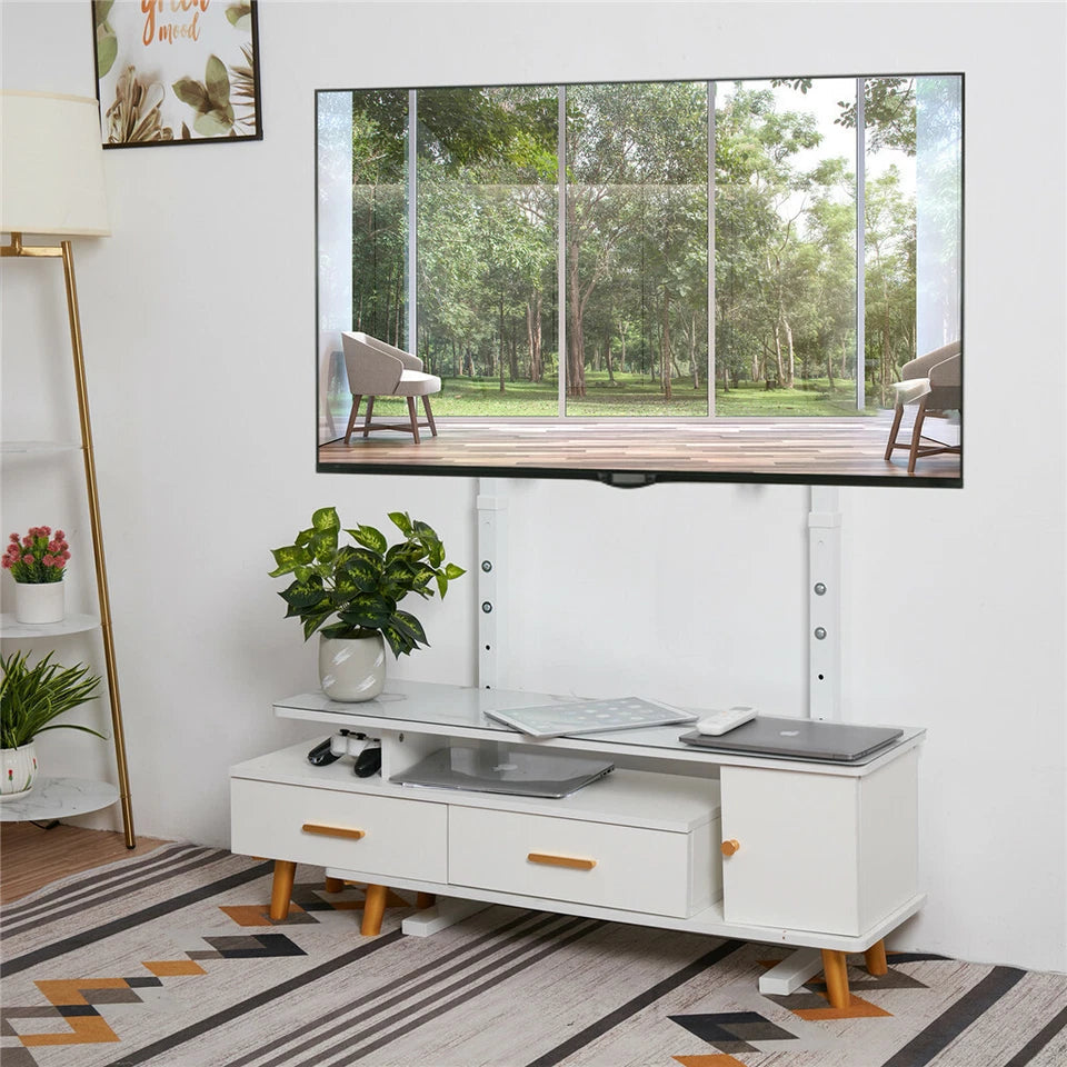 Screens & Stands: White Adjustable Free Standing TV Stand with Cable Management for TVs Size 32-100inch