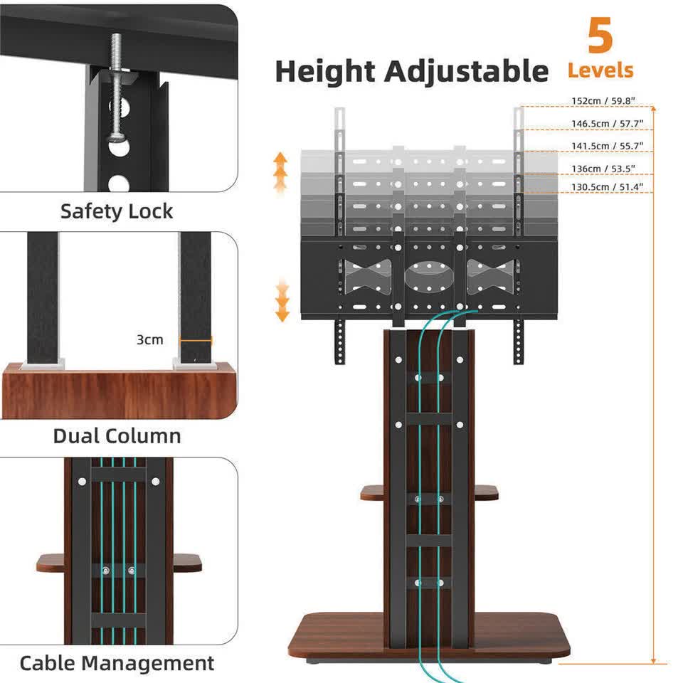 32"-65" Tv Floor Stand Adjustable Corner Tv Mount Bracket With Sturdy Wood Base