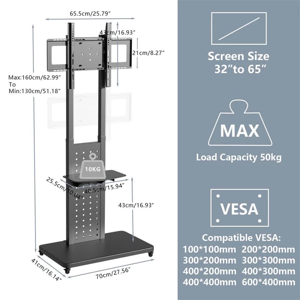Screens & Stands: Heavy Duty Tv Floor Stand On Wheels 32''-65'' Rolling Tv Cart Height Adjustable