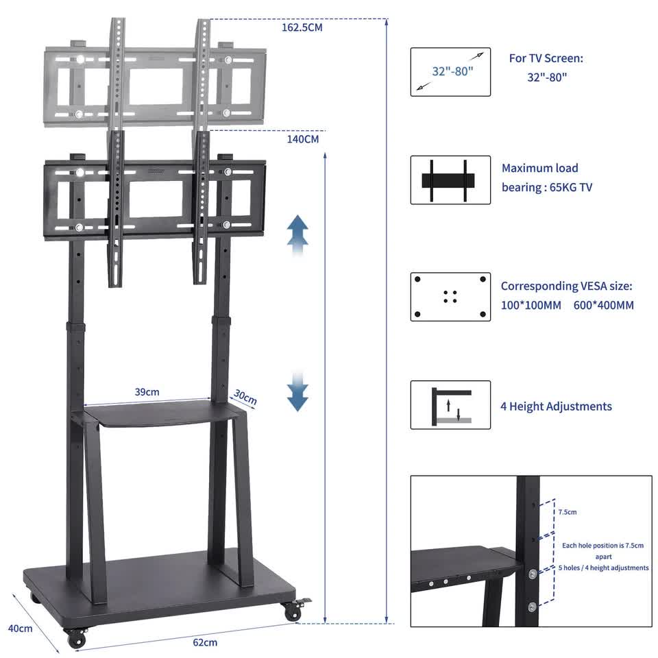 TVs & Accessories: Floor Tv Mount Stand Bracket Rolling For 32"-80" Screens Vesa 600X400 Hold 65Kg