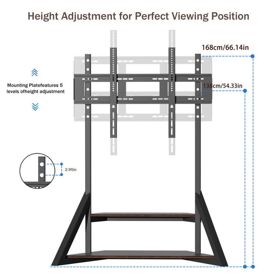 2 Tiers Black Shelves Heavy Duty Universal Tv Floor Stand For 32-75 Inches